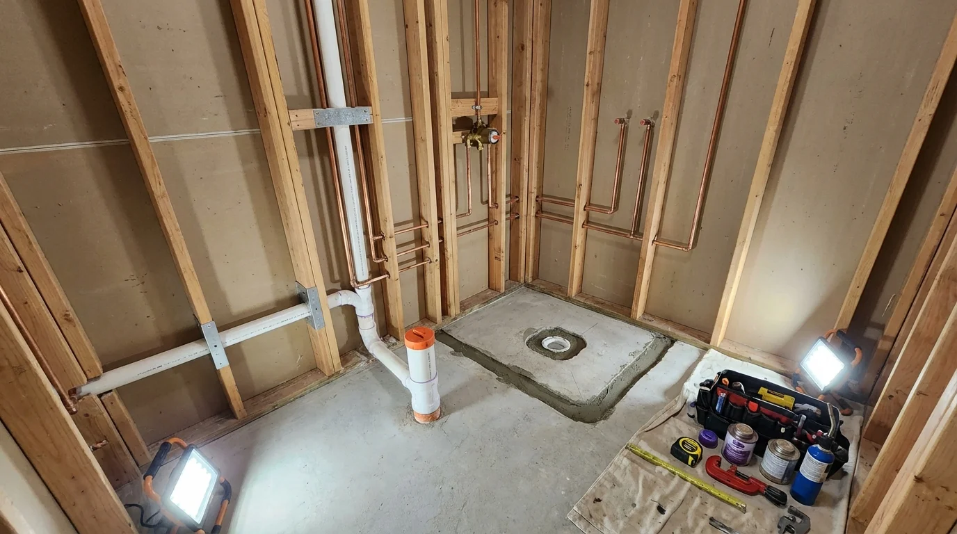 Bathroom rough-in plumbing during remodel by Johns Plumbing LLC in Elverson