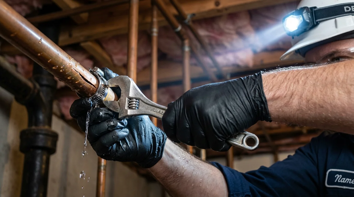 Emergency pipe clamp repair being performed by a Johns Plumbing LLC plumber in Elverson