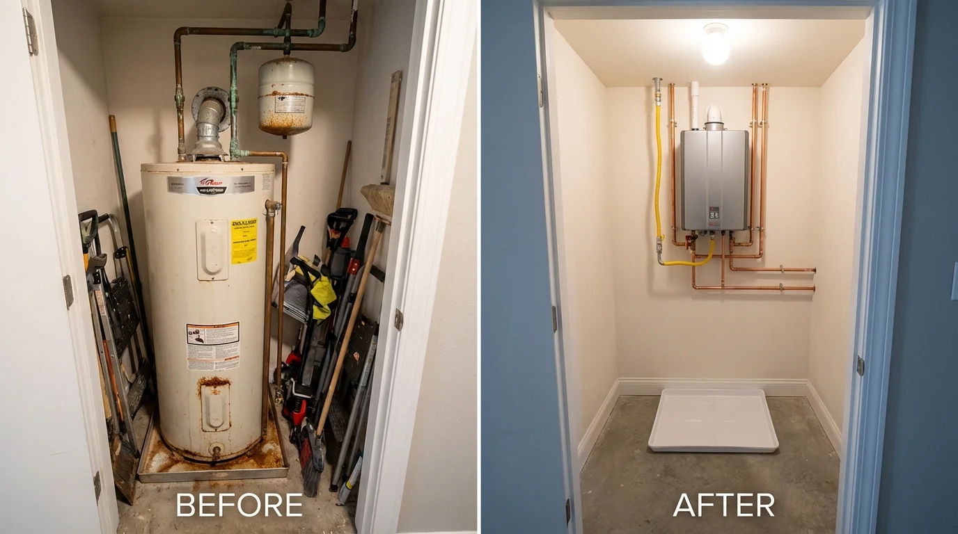 Tank water heater versus wall-mounted tankless unit comparison for Elverson, PA homeowners