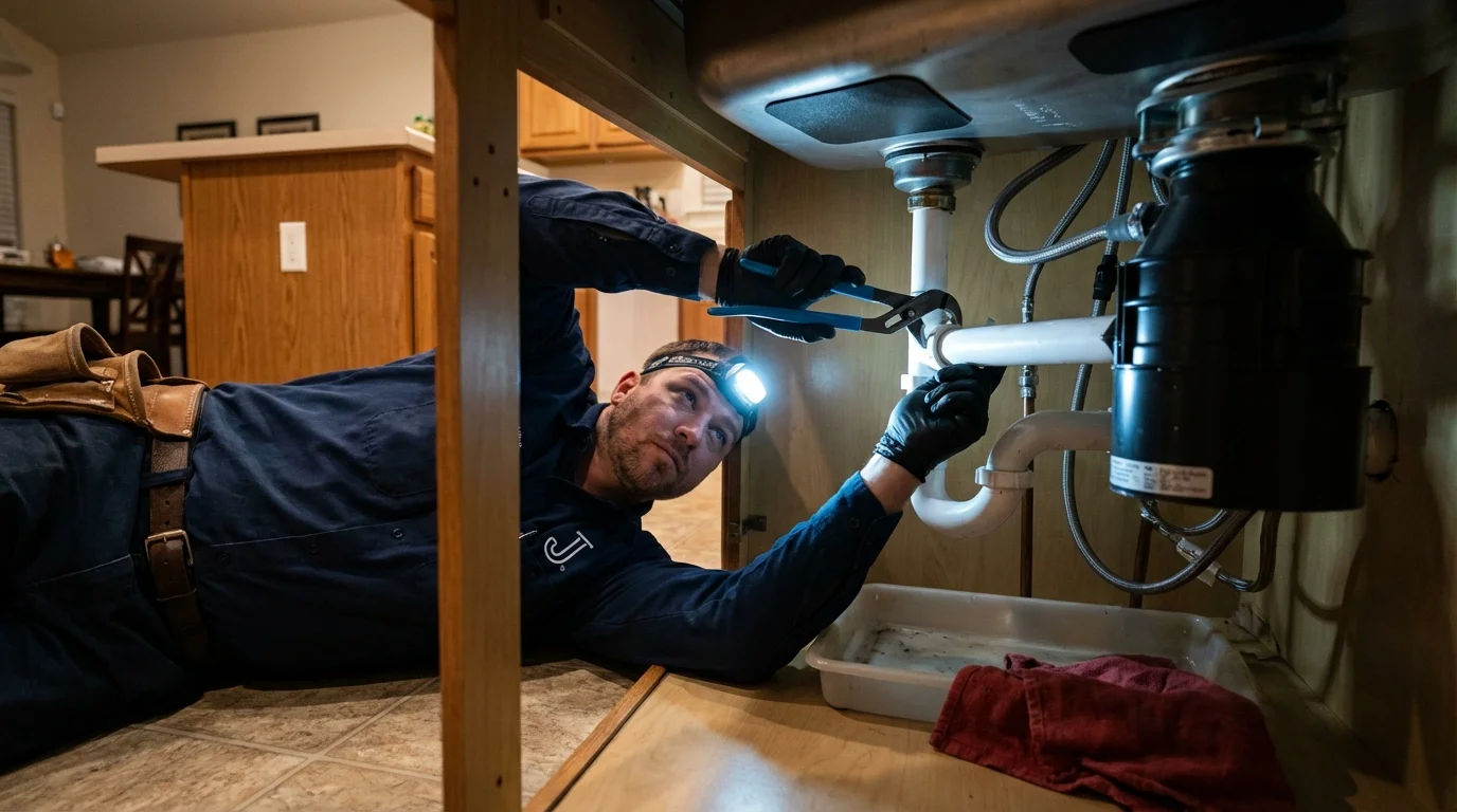 P-trap and supply line connections under a kitchen sink showing a common leak point in Elverson, PA
